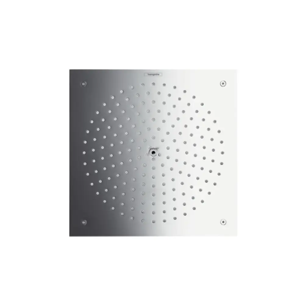Edelstahl-Duschkopf mit kreisförmiger Form und gleichmäßig verteilten Düsen, hergestellt von Hansgrohe. Oberfläche mit hochglänzendem Finish.